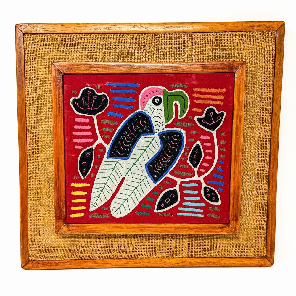 Vintage Kuna Mola Textile Folk Art Bird Framed Panama MCM Wall Art 13x14